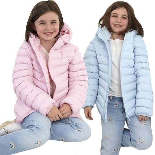a girl in a pink and blue coat