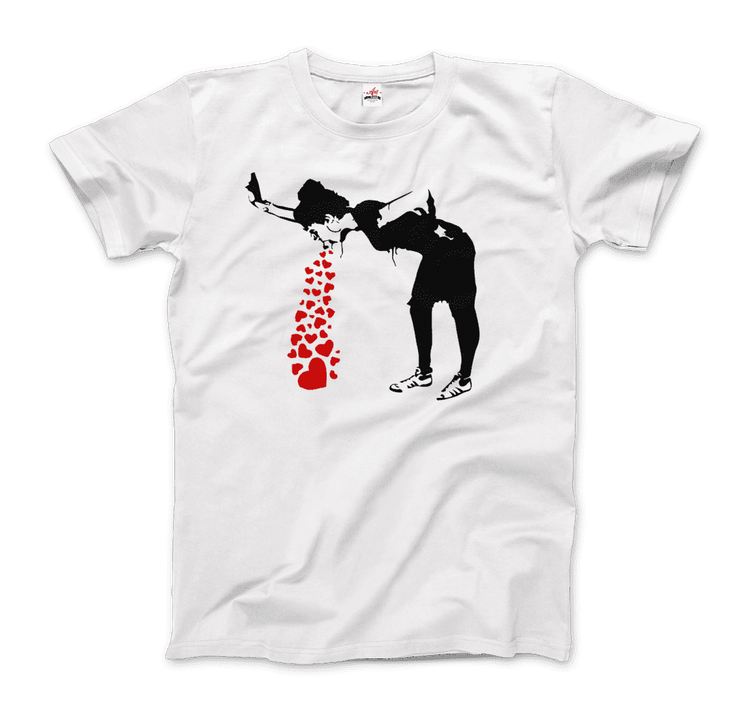 a white t-shirt with a picture of a woman with hearts on it
