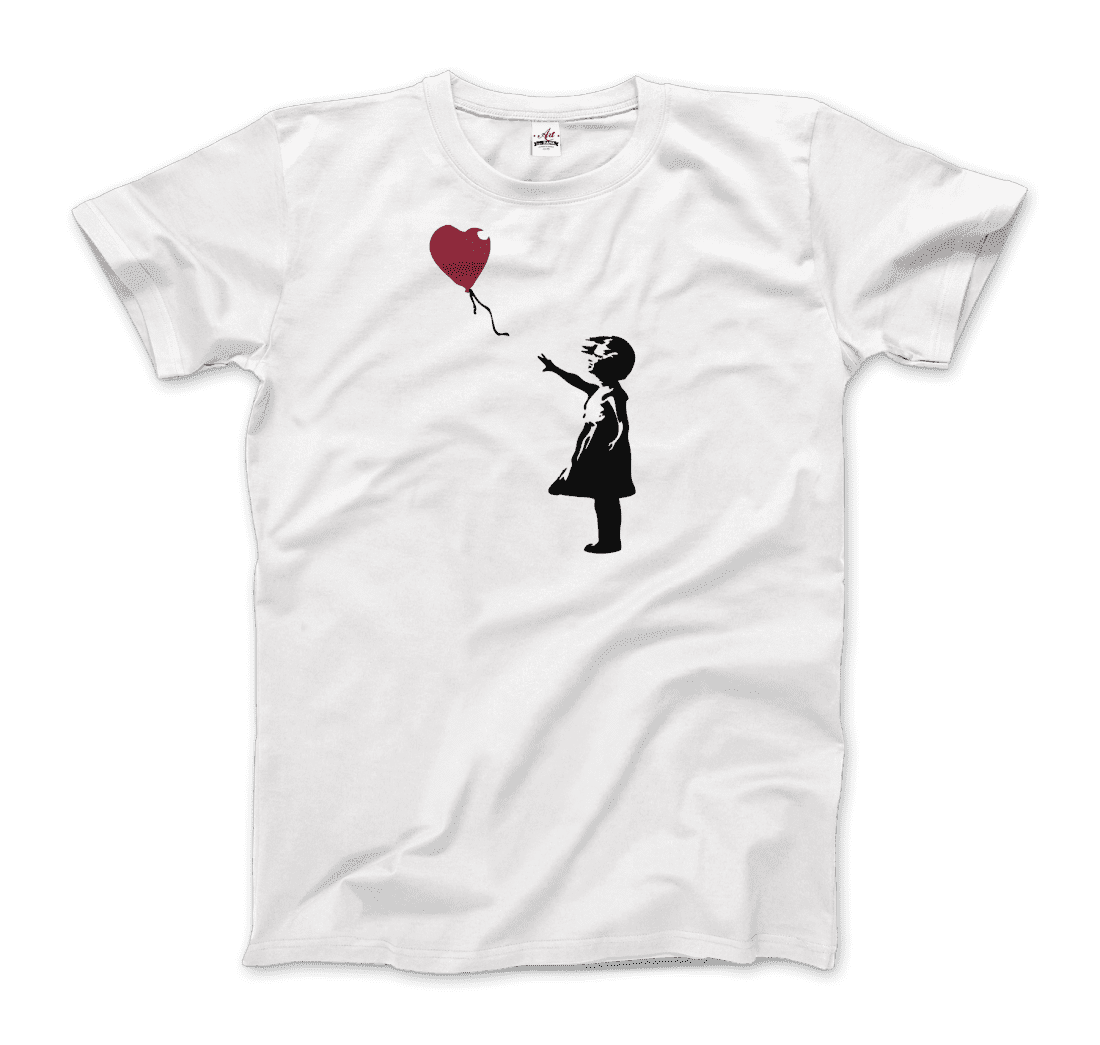 a white t-shirt with a drawing of a boy holding a balloon
