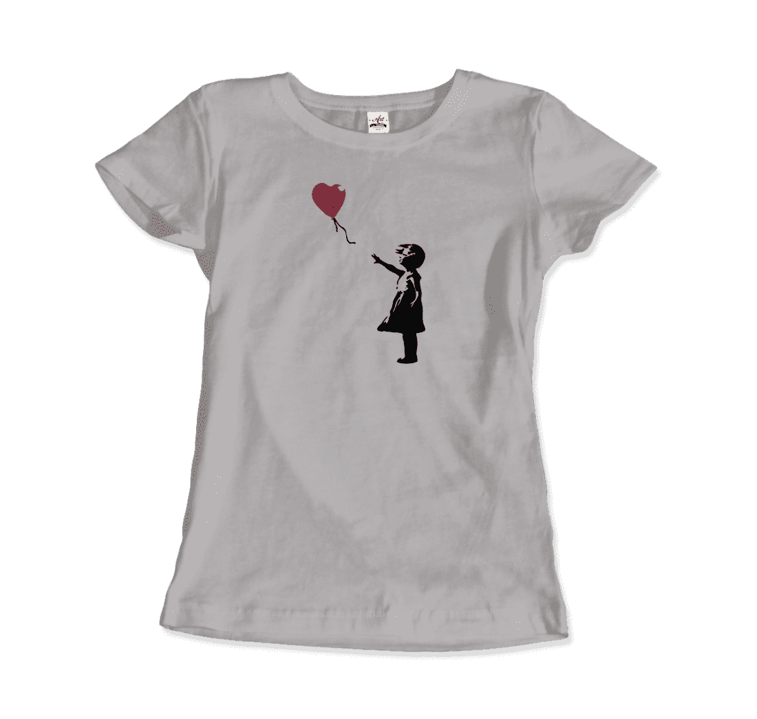 a white shirt with a picture of a girl holding a balloon