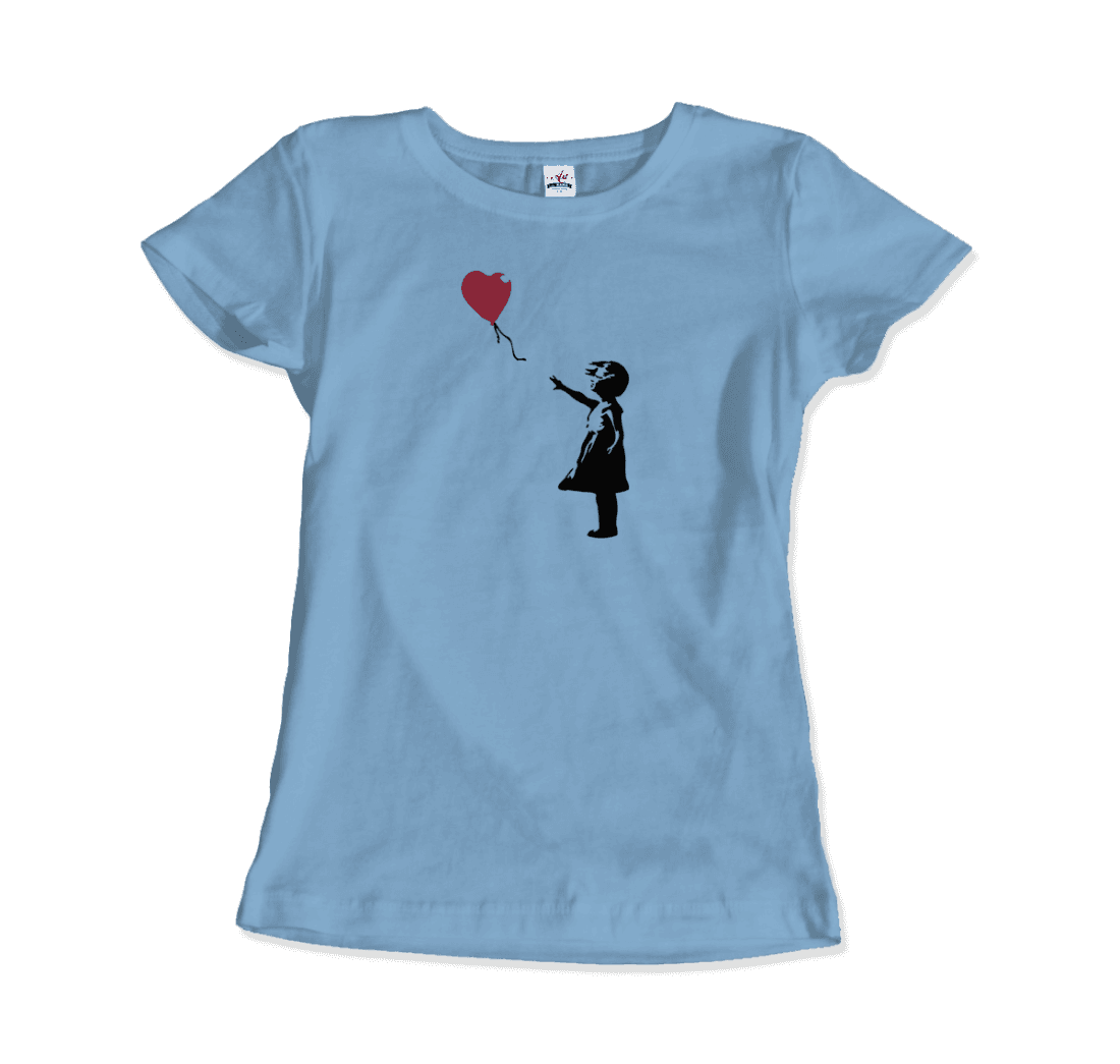 a blue shirt with a picture of a girl holding a heart balloon