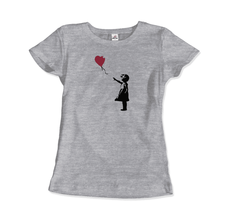 a grey t-shirt with a girl holding a balloon
