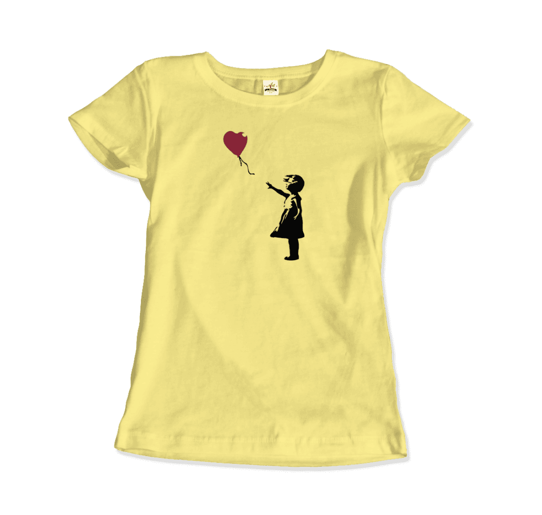 a yellow shirt with a girl holding a balloon