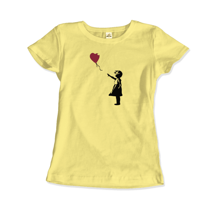 a yellow shirt with a girl holding a balloon