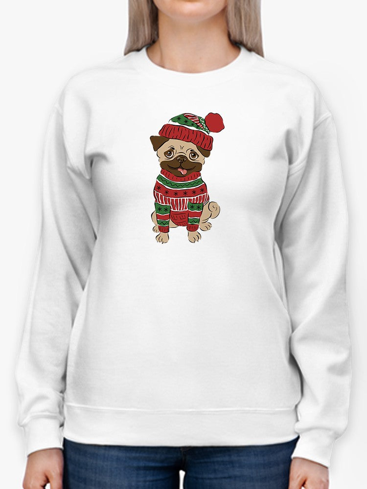 a person wearing a white sweater with a dog on it