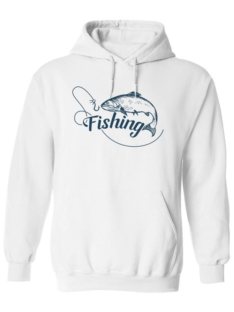 a white sweatshirt with a fish and a hook
