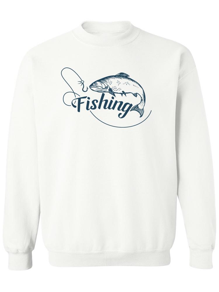 a white sweatshirt with a fish and a fishing line