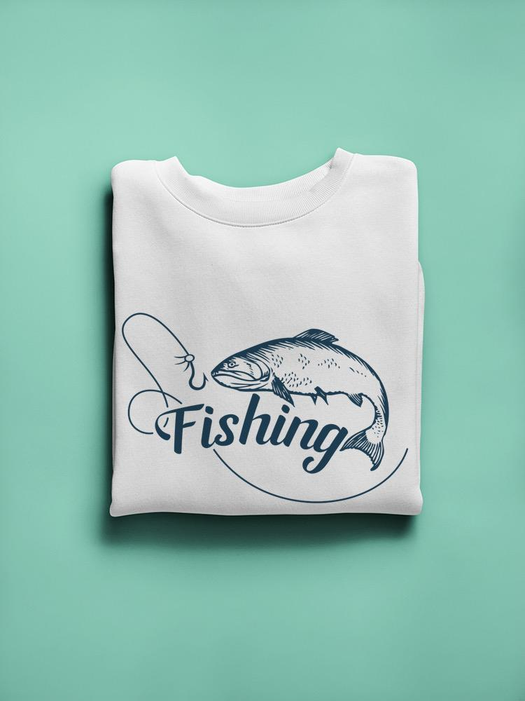 a white shirt with a fish and a fishing hook