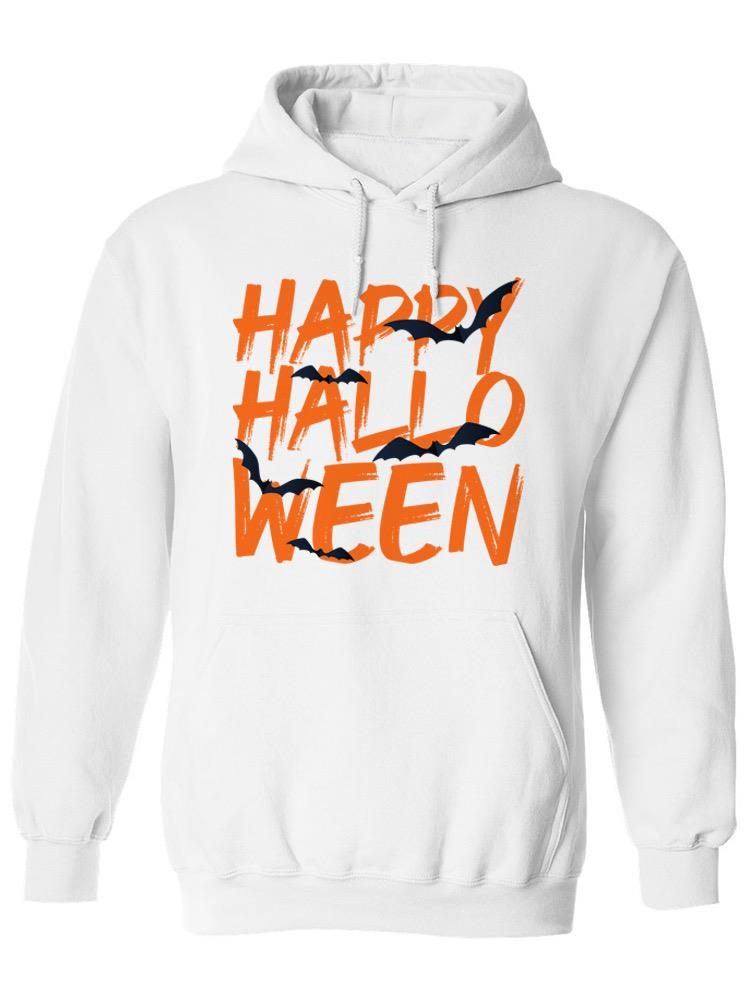 a white sweatshirt with orange text and bats