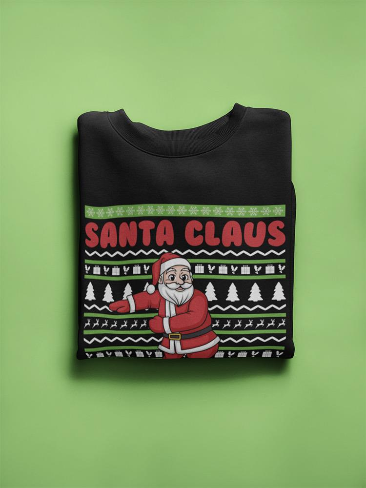 a black sweater with a santa claus on it