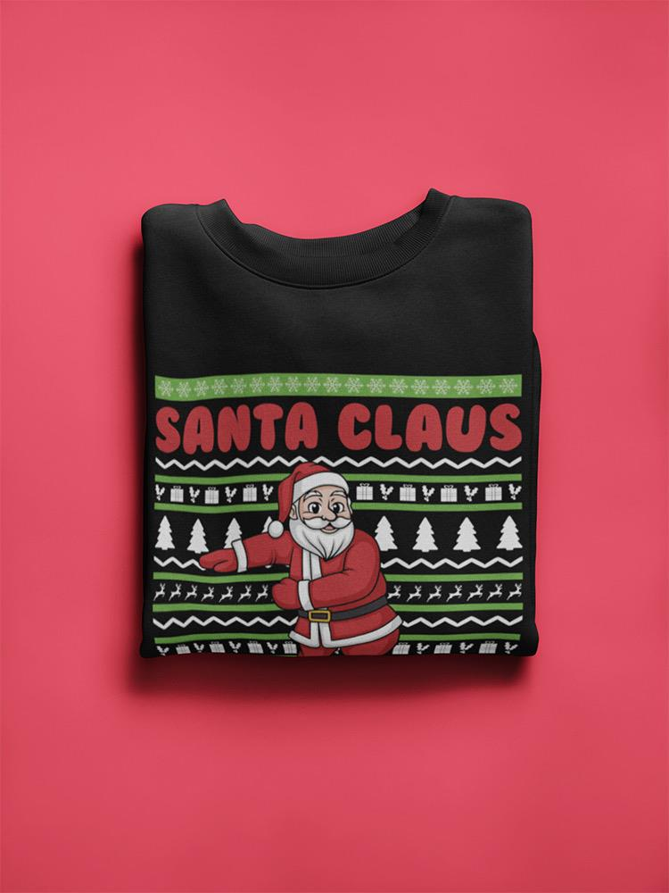 a black sweater with a santa claus on it