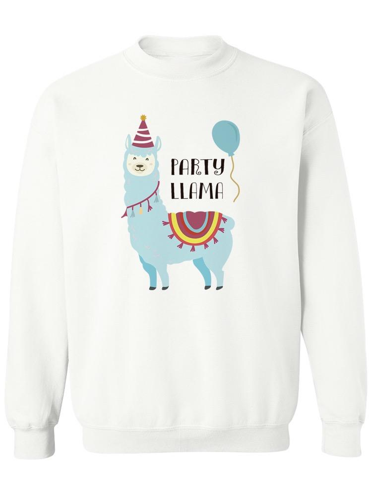 a white sweatshirt with a llama and a balloon