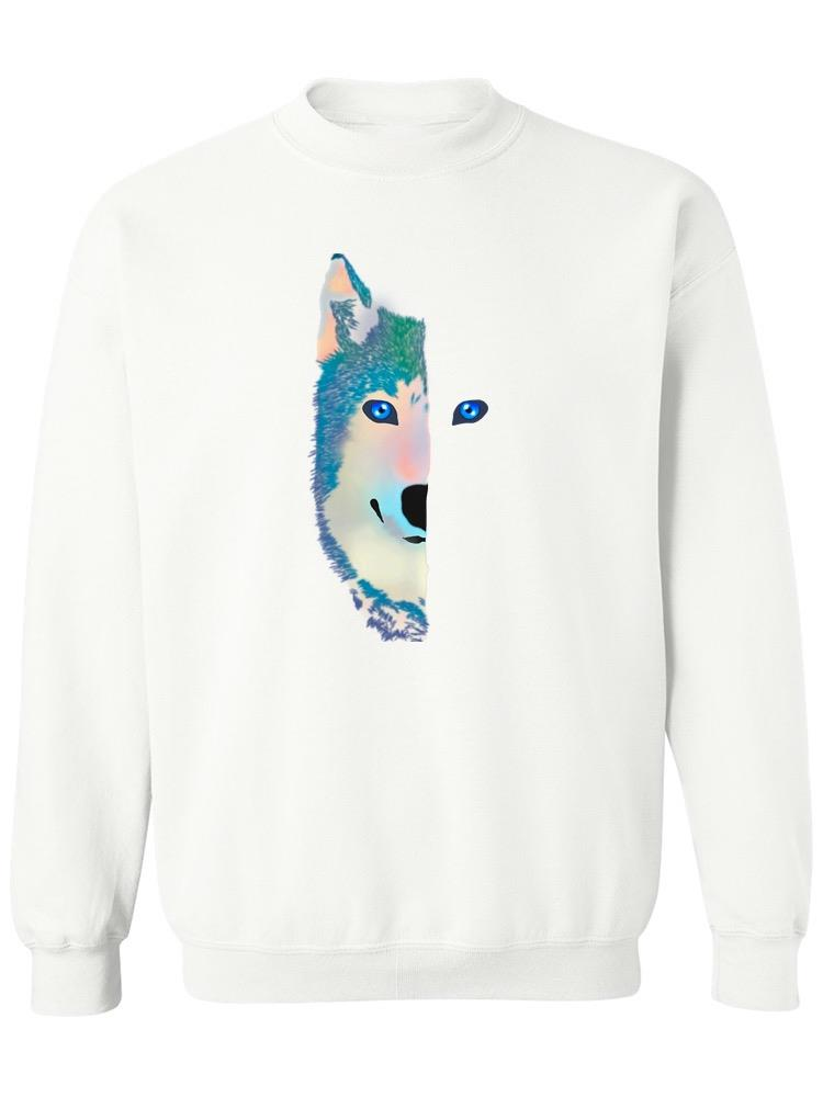 a white sweatshirt with a blue and green wolf face