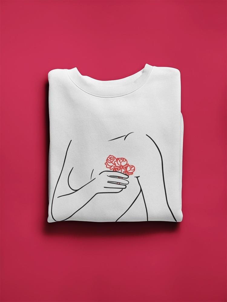 a white shirt with a drawing of a woman holding flowers