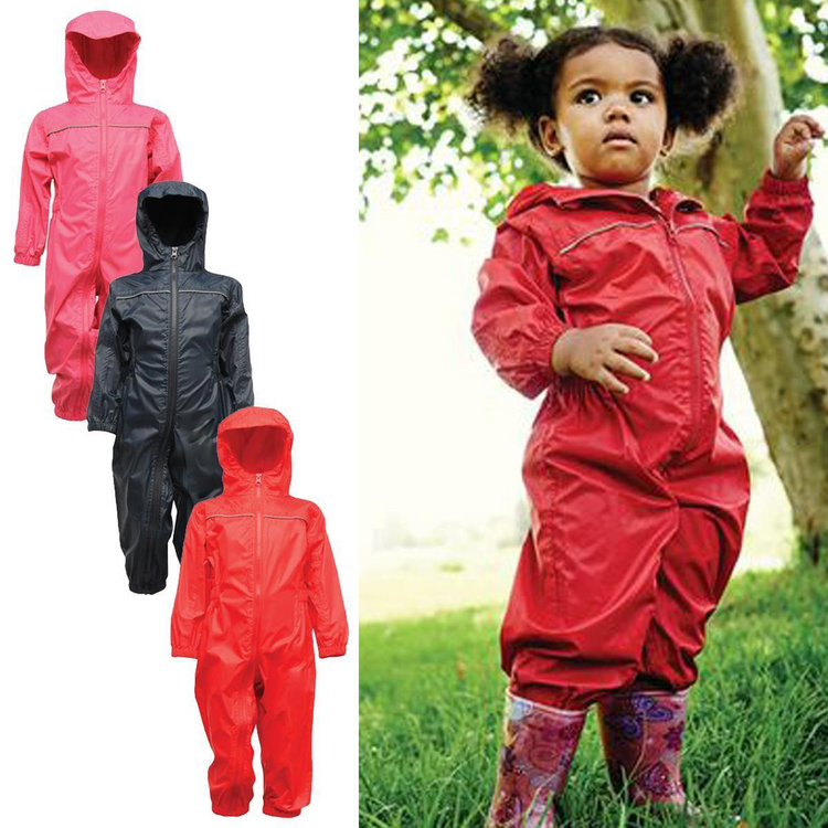 a child wearing a red jumpsuit