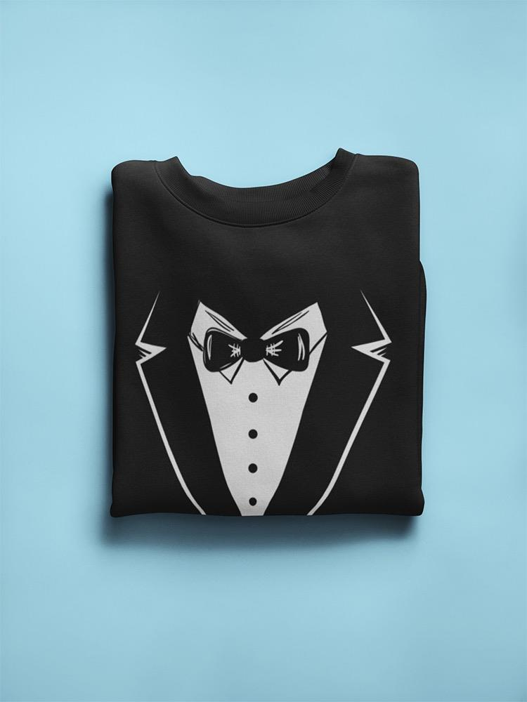 a folded black shirt with a tuxedo on it