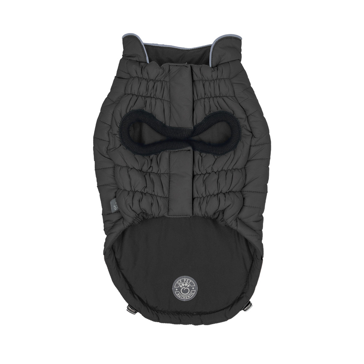 a black dog coat with a black strap
