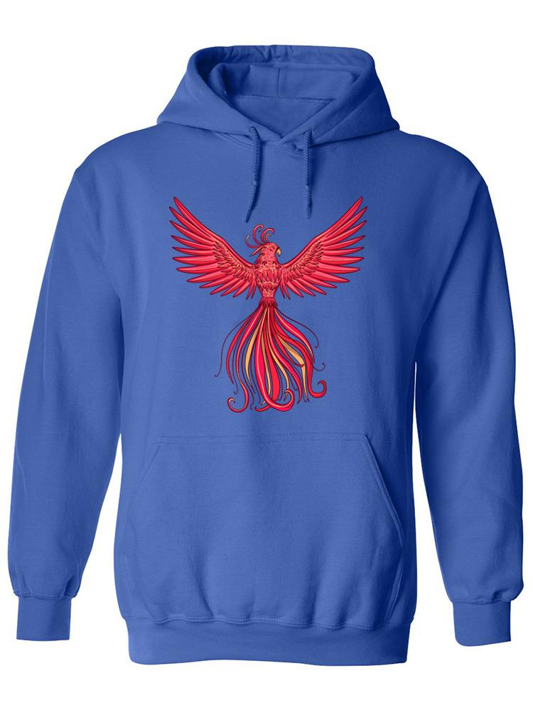 a blue hoodie with a red bird on it