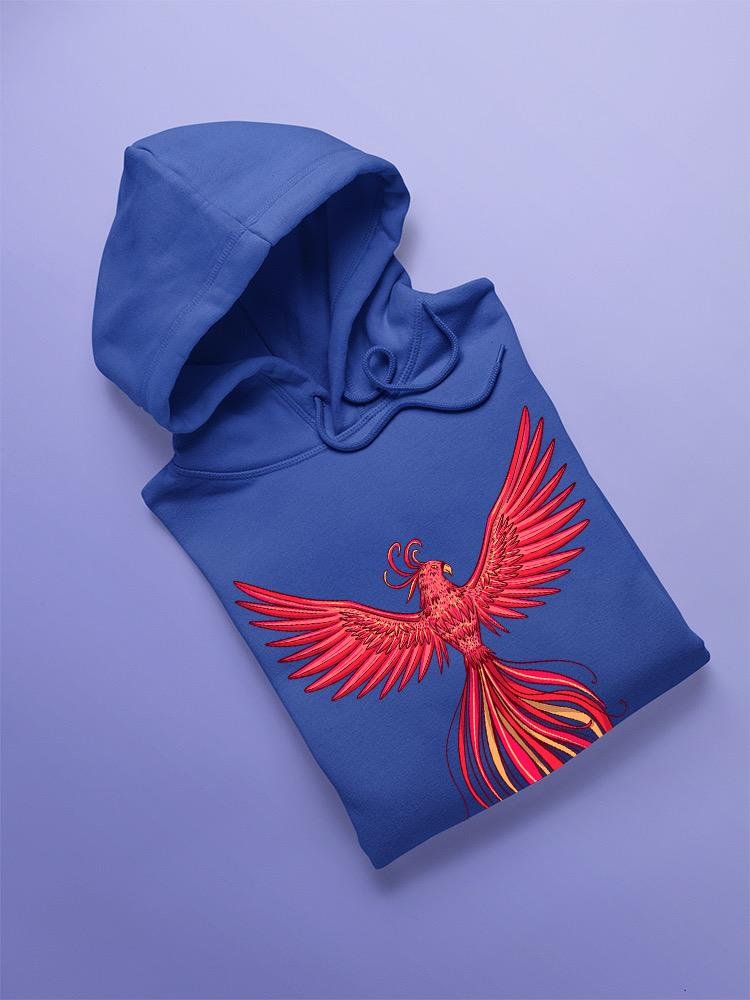 a blue hoodie with a red bird on it