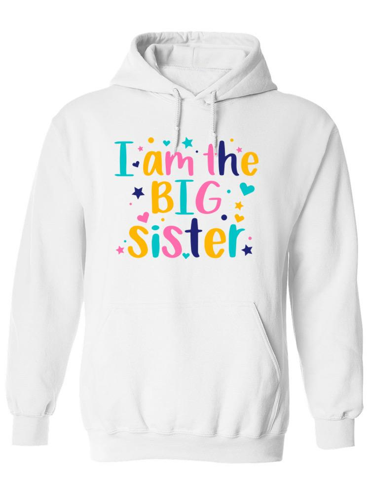 a white sweatshirt with colorful text