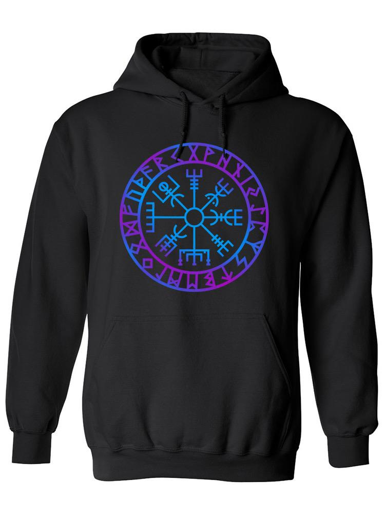 a black hoodie with purple and blue symbols on it