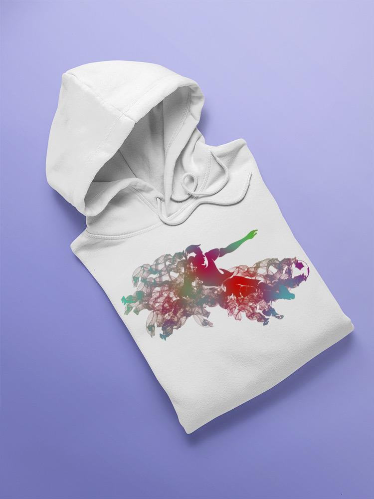 a white sweatshirt with a colorful image on it