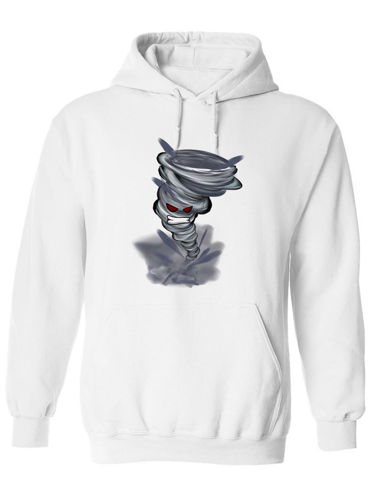 a white sweatshirt with a cartoon tornado