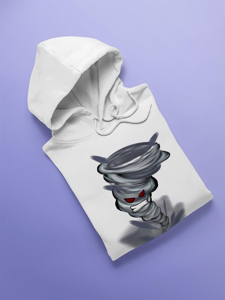 a white sweatshirt with a cartoon tornado on it
