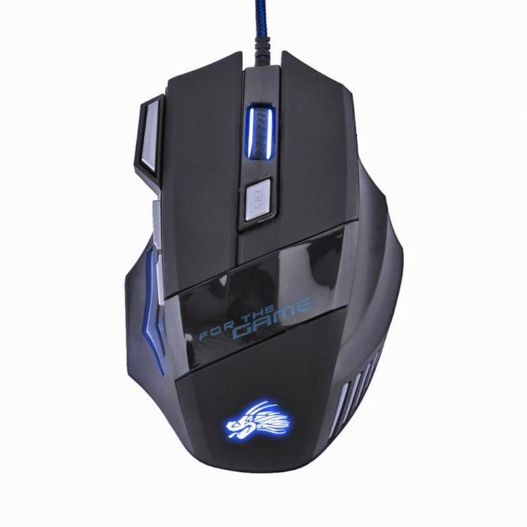 a black computer mouse with blue and white text