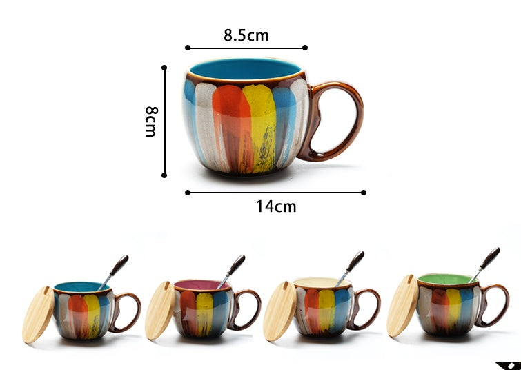 a different colored mugs with a spoon