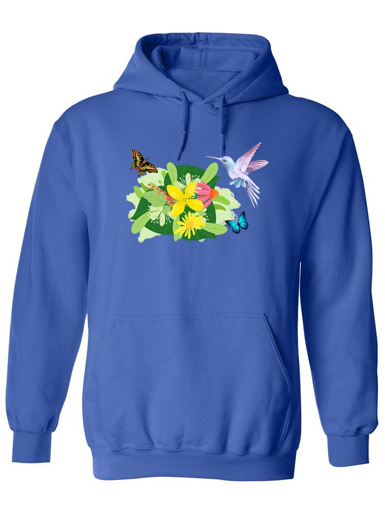 a blue sweatshirt with a hummingbird and butterflies