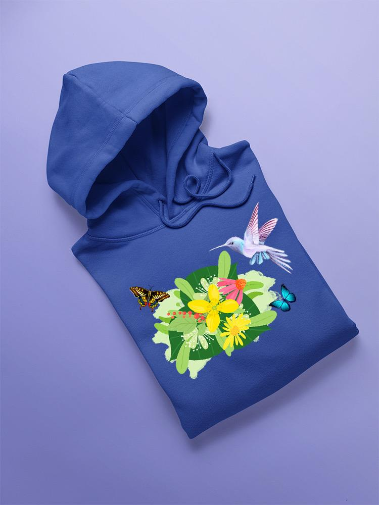 a blue hoodie with a hummingbird and butterflies on it