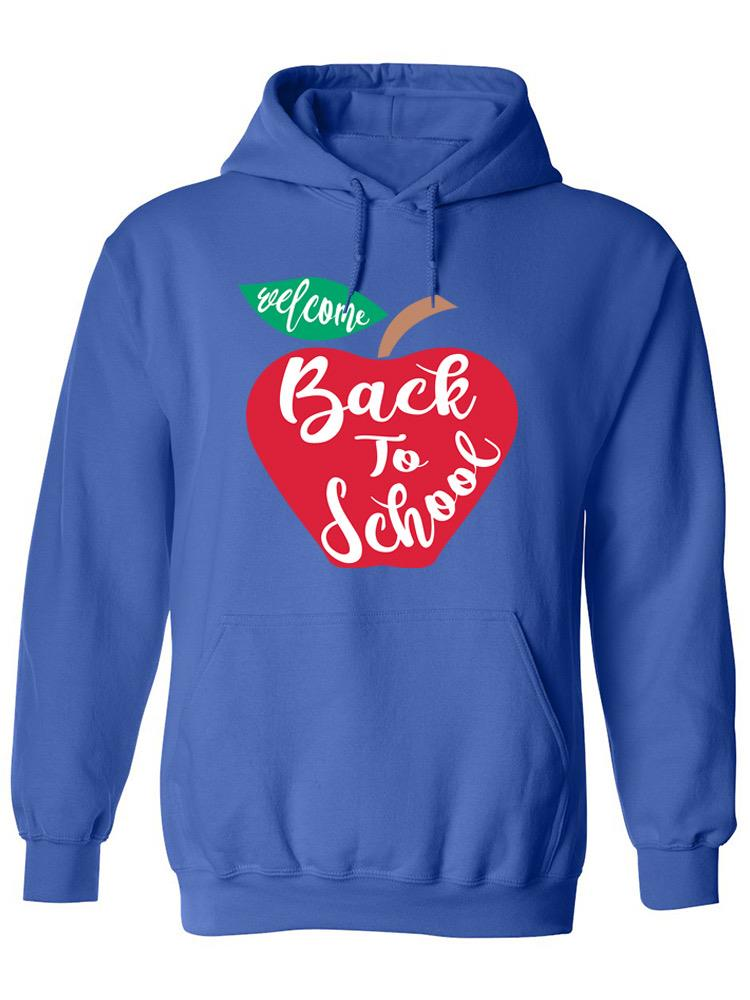 a blue hoodie with a red apple and white text