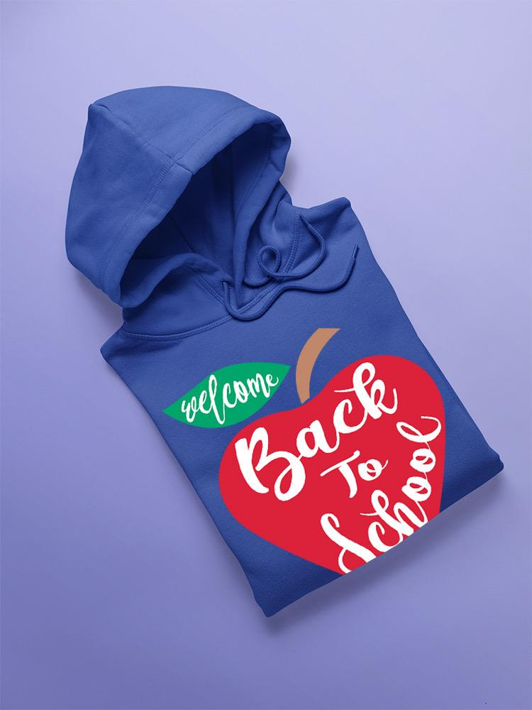 a blue hoodie with a red apple on it