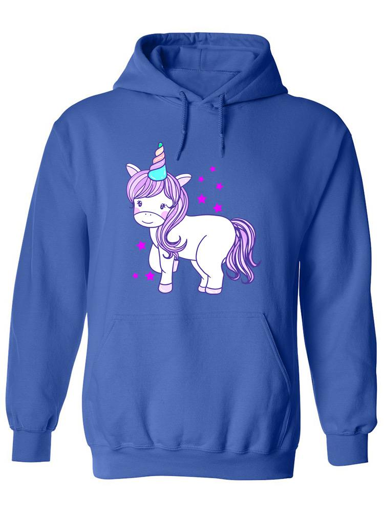 a blue hoodie with a unicorn on it