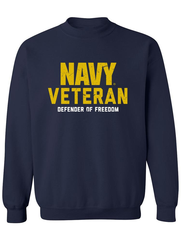 a navy sweatshirt with yellow text