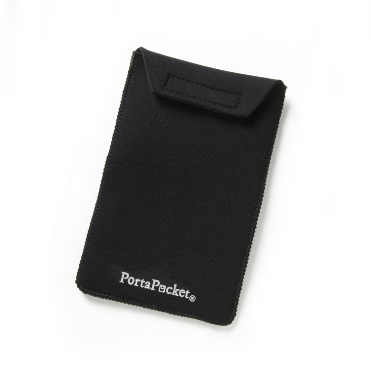 a black fabric pouch with white text