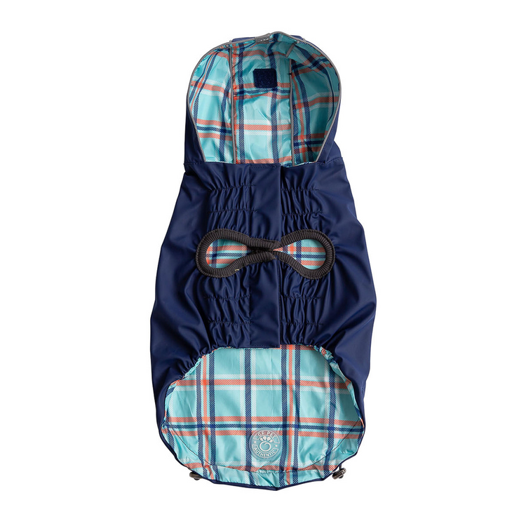 a blue and white plaid jacket