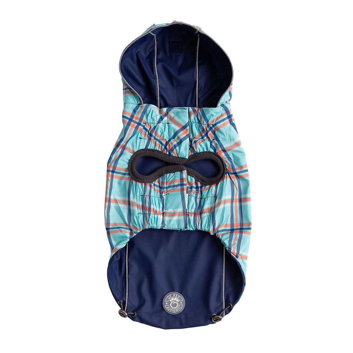 a blue and white plaid jacket