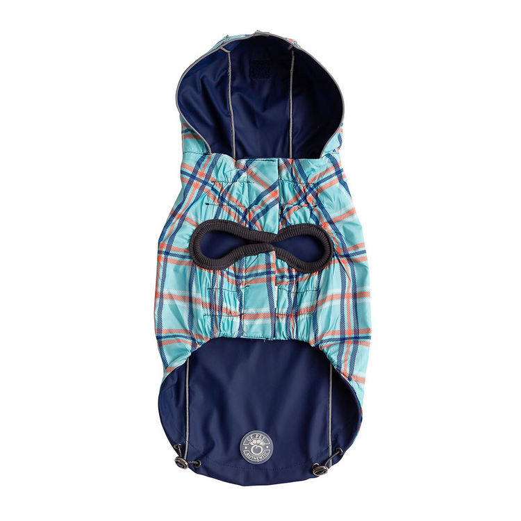 a blue and white plaid jacket