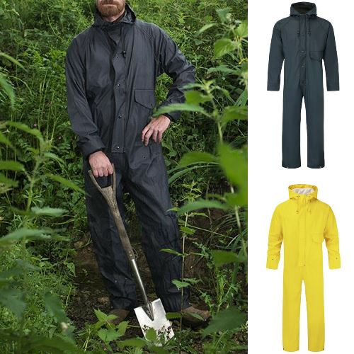a man in a rain suit with a shovel
