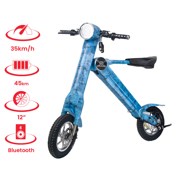 a blue scooter with a blue handlebar