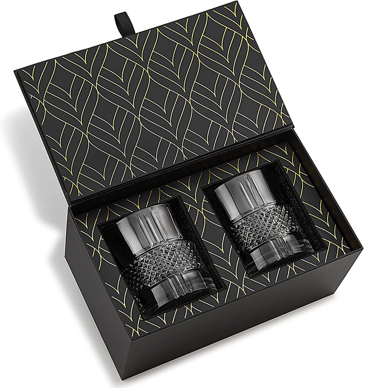 a black box with two silver candles