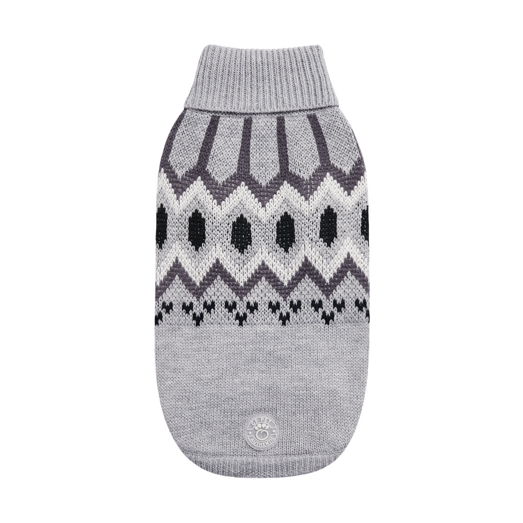 a grey sweater with black and white pattern