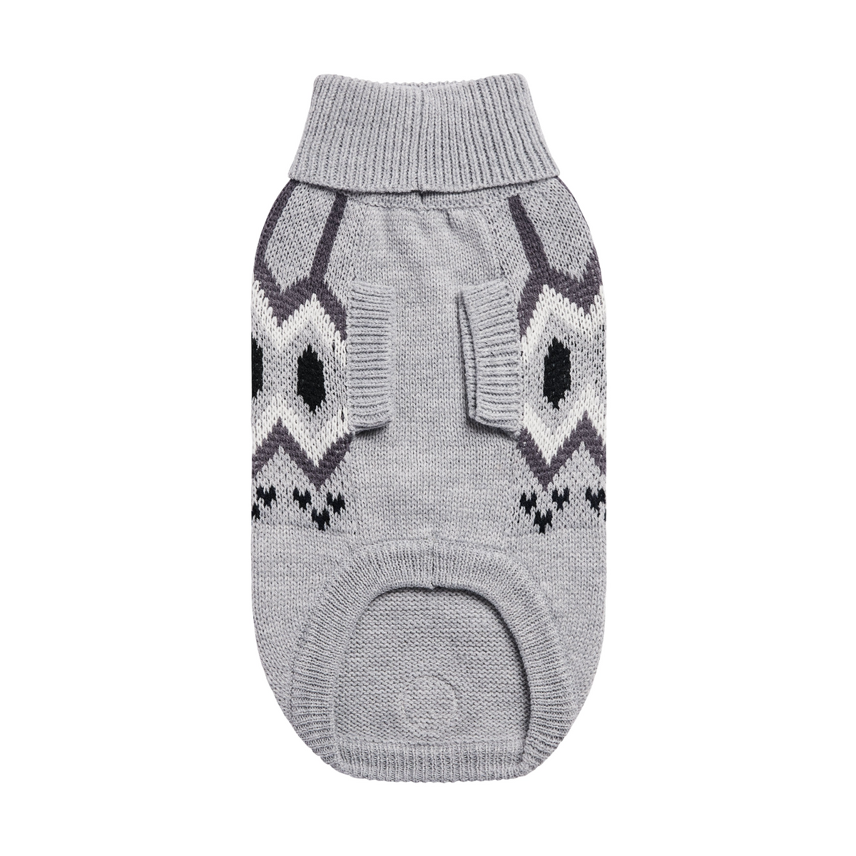 a grey sweater with a black and white design