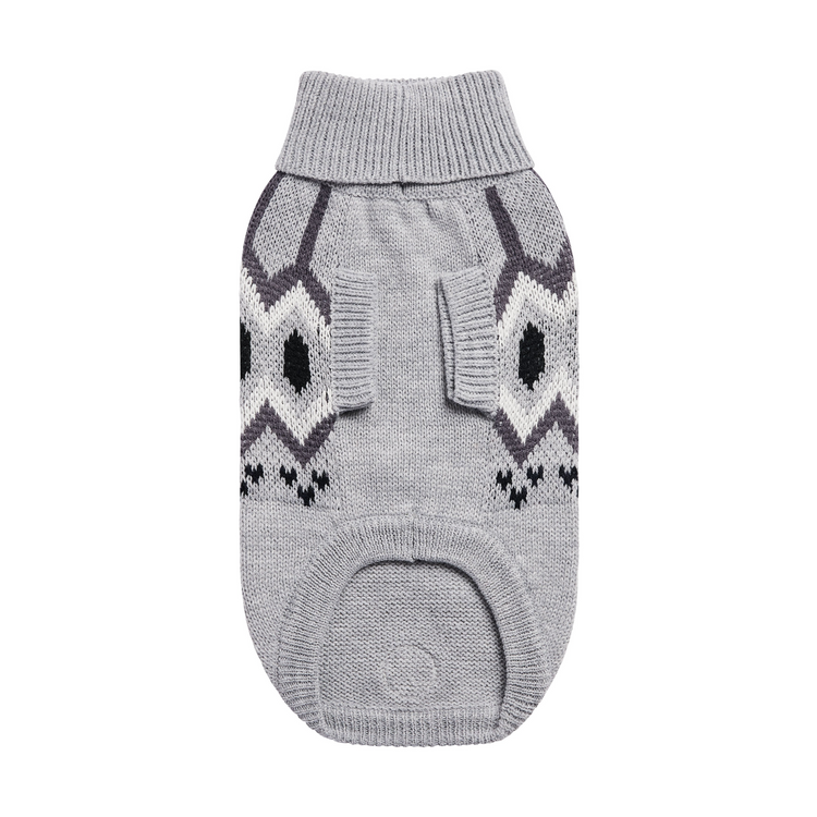 a grey sweater with a black and white design
