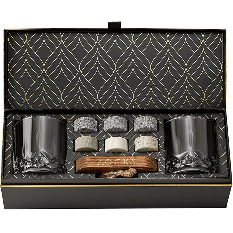 a box with glasses and rocks