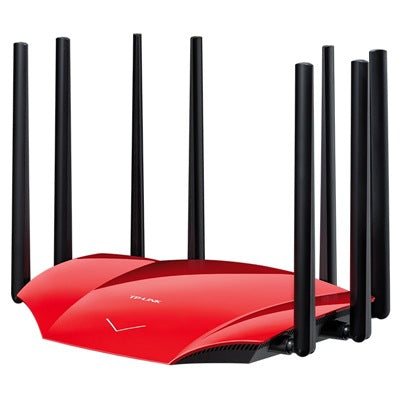 a red router with black antennas