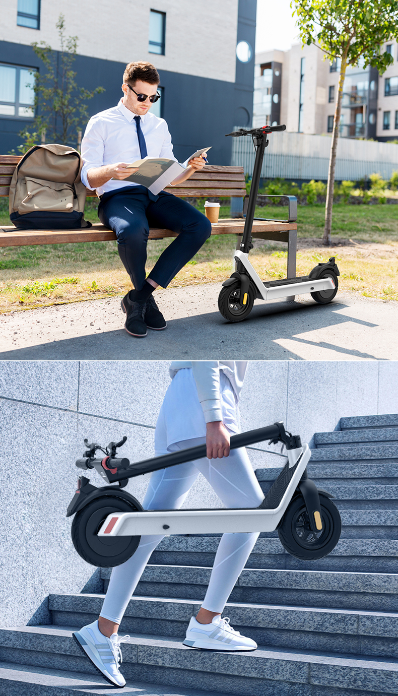 a man sitting on a bench with a scooter