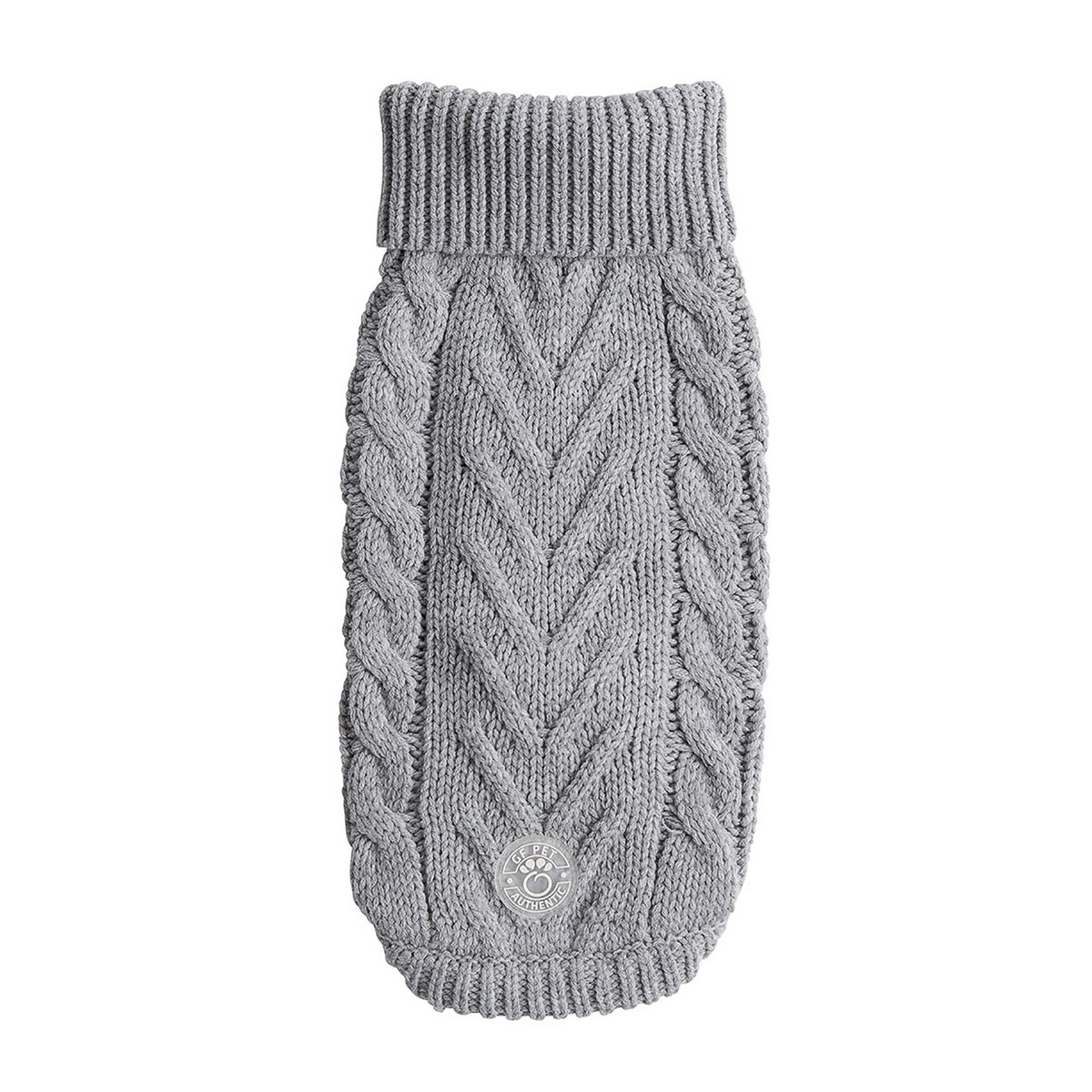 a grey knitted sweater with a white background